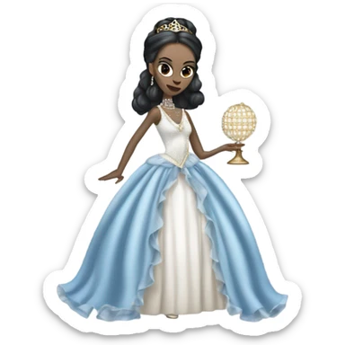 Tall realistic face teen Morticia Addams in as Princess Leia in ruffled pearl-white and blue ballet ball gown with gold accents and accessories  sticker