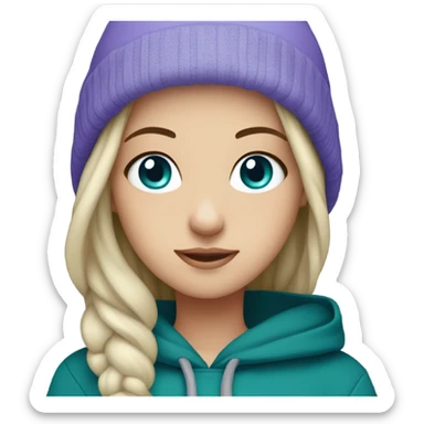 White girl, blue eyes, long teal hair, purple beanie hat, black hoodie sticker