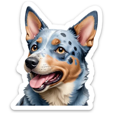 Cinematic Cute Yawning Blue Speckle Australian Cattle Dog Portrait Emoji, Head tilted slightly with a dramatic, wide-open yawn, showcasing a sleek blue speckle Fur with distinct markings, floppy ears slightly drooping, round blue eyes barely open in drowsy contentment, Simplified yet irresistibly adorable features, highly detailed, glowing with a soft, cozy glow, high shine, relaxed yet expressive, stylized with a touch of whimsy, bright and endearing, soft glowing outline, capturing the essence of a sleepy yet affectionate herder, so drowsy it feels like it could stretch out of the screen and curl up for a nap! sticker