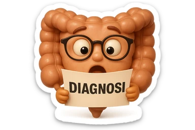 EMOJI STILE IPHONE DI UN INTESTINO CON GLI OCCHIALI CHE LEGGE UN FOGLIO CON LA SCRITTA DIAGNOSI, ESPRESSIONE STUPITA IN VOLTO, IPERREALISTICO 4K sticker