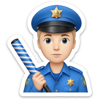 Russian traffic police officer in blue uniform with striped baton and peaked cap, holding traffic baton sticker