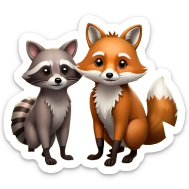 Collage of a raccoon and a fox, in close-up, set in a beautiful forest with tall trees, green bushes, and sunlight filtering through the leaves. Both animals look curious and playful. A vibrant, wild atmosphere with a transparent background. sticker