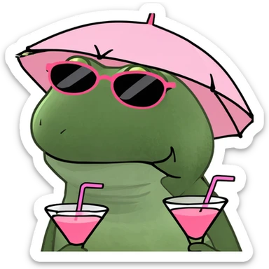 Make this frog look even more like the classic Bufo meme: green, wide-eyed, with the signature Bufo face, wearing an umbrella hat, sunglasses, and holding a pink cocktail, in bufo style, no background. sticker
