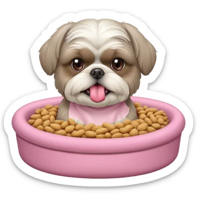 old ALL grey shih tzu in pink dog bed tongue hanging out with a bowl of food sticker