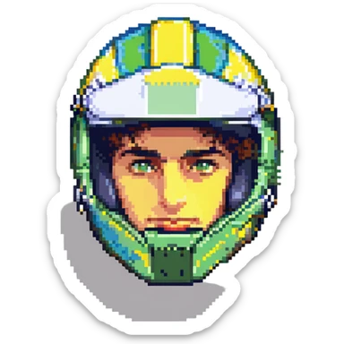 Ayrton Senna, Formula One driver, portrait, pixel art style, racing helmet, iconic yellow, green, and blue colors, retro video game look sticker
