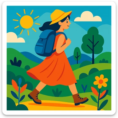 girl with a backpack hiking in a flowy dress, nature setting, sunny day sticker