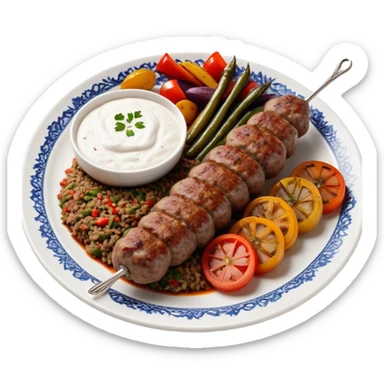 Cinematic Realistic image of a long, hand shaped Turkish Köfte, rendered with richly spiced meat textures and subtle grill marks, artfully arranged on a traditional Turkish ceramic plate alongside classic sides such as a serving of aromatic pilaf, crisp grilled vegetables, and a dollop of creamy yogurt, all bathed in warm, appetizing lighting that emphasizes its savory allure. sticker