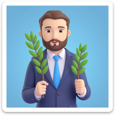 3D emoji style portrait of a man with short hair and beard, in a suit and white shirt, blue background with a white laurel branch sticker