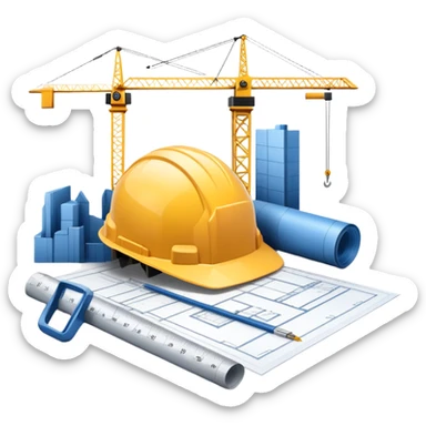 An icon featuring a blueprint, a hard hat, and a measuring tape, symbolizing architecture and construction. The design includes a building silhouette, cranes, and construction tools, representing the planning, design, and building processes. Transparent background. sticker