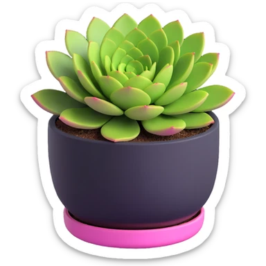 3D style succulent green with pink highlights in a short round planter sticker