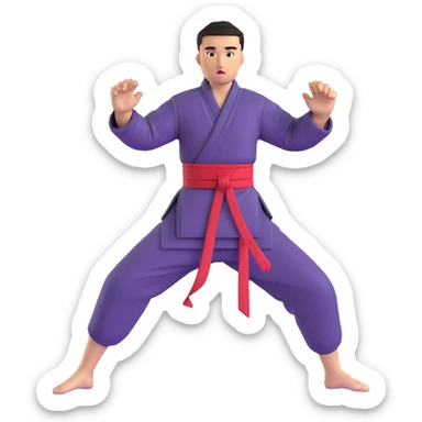 Martial artist in dynamic kung fu pose, wearing traditional loose outfit with sash sticker