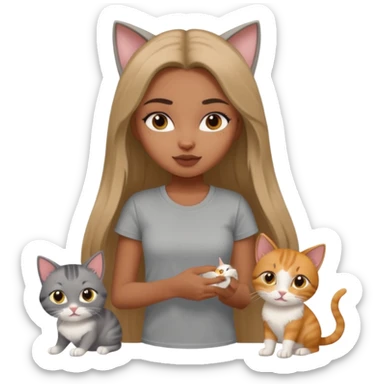 a pretty bratz dusky girl with long straight hair playing with 2 cats nd wearing a grey tshirt sticker