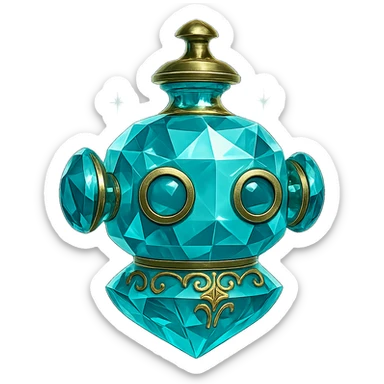 very luxurious crystal elixir bottle in the shape of a cute robot head, cyan color, lots of glowing, facets, ornaments, golden details, magical effects, very small almost invisible neck, transparent background, beautiful merging bottom, clearly floating in the air, no base or shadow, premium class, friendly, playful, matching the collection sticker