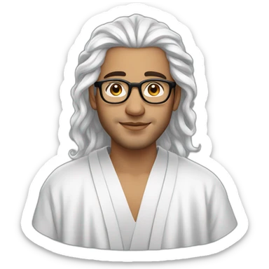 A beautiful Moroccan young man with thick, wet hair and white skin, wearing glasses and a robe sticker