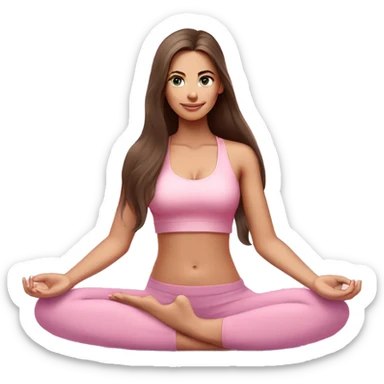 Brunette long hair and blue eyes yoga beautiful girl in light pink pink pink clothes sitting on a yoga mat sticker