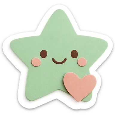 A happy pastel green star with a tiny pastel heart in front, no arms or legs, full body, transparent background, in kawaii paper craft style. sticker