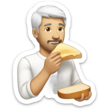 a man eating a slice of bread with a white sauce sticker