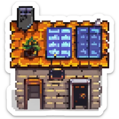 small house with a solar panel roof, sunny day, pixel art style sticker