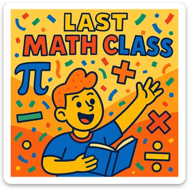 fun and celebratory illustration for the last math class, colorful math symbols like pi, plus, minus, multiplication, division, confetti, cheerful vibe sticker