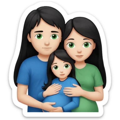 Make a couple emoji they are 18. The girl has long black hair and blue eyes and is hugging a pregnant boy with brown hair and green eyes they are both wearing the same colour top.  sticker