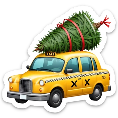 A new york taxi with a tied up Christmas tree on its roof sticker