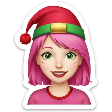 Create a girl with pink hair and green eyes with long eyelashes and a smiley face. She has freckles in her face and a lit of bit of lipstick on her mouth, she’s also got gold birthday hat on her head with gold pom poms on top of it, and her T-shirt is red sticker