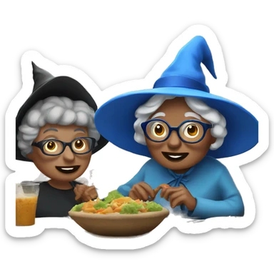 smart granny witch with glasses and blue hat lunching with friends sticker