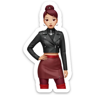 “East Asian woman with a tight sleek bun, no loose strands. Black leather jacket over a black turtleneck, silver Vivienne Westwood-style orb necklace. Red leather mini skirt, burgundy tights, red long boots. Clean, fashion-editorial style.” sticker