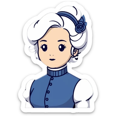 Victorian woman with white coiffed hair, modest turtleneck Victorian dress, and an awestruck expression sticker