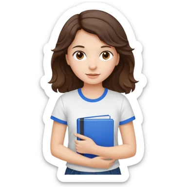A brunette girl with wavy hair and brown eyes is standing on a beige background holding a blue book. The girl is wearing a white T-shirt. sticker