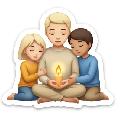 A silhouette of a person sitting with their head down, surrounded by two souls—one offering a hand and another radiating warmth, symbolizing kindness. A soft light behind them represents hope, unseen but present. 🌅 sticker