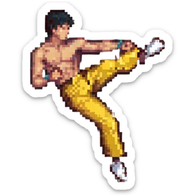 Bruce Lee performing a high kick, pixel art style sticker