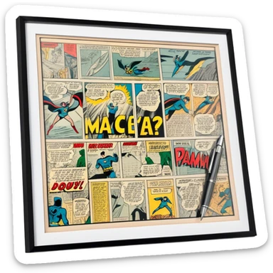 Create a detailed emoji representing the process of writing texts for comic books. The design should feature a large, open comic book with vintage comic strips visible on its pages. A pen should be shown writing text on one of the comic panels, but without a hand. The pencil should appear as though it is actively creating the dialogue or narration. Use a classic color palette with muted tones for the comic book and brighter accents on the pencil to draw attention to the writing process. Do not include any emojis or smiley faces. Make the background transparent. sticker