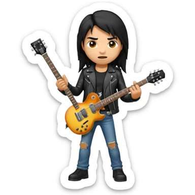 3D Apple-style emoji of a metal musician. Long hair, black leather jacket, ripped jeans, holding an electric guitar. Intense expression, glossy, rounded, smooth, soft shadows, white background.









 sticker