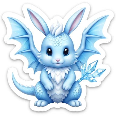A cute bunny-dragon hybrid creature with ice crystals, rabbit ears, dragon wings and tail made of ice sticker