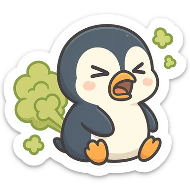 cartoon penguin farting with green stinky gas clouds funny expression sticker