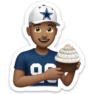 short hair white guy with a dallas cowboys hat enjoying a sprinkles cupcake  sticker