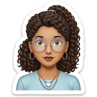 chica morena de ojos claros con gafas exagonales redondeadas. y pelo rizado castaño con todo el pelo recogido en una coleta . y un collar de plata sticker