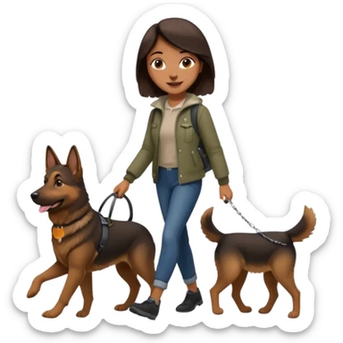 a girl with a brown dark hair, she's walking her dog is a german shepard sticker