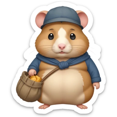 Fat cartoon-style hamster hobo carrying a bindle over its shoulder with a sad expression. sticker