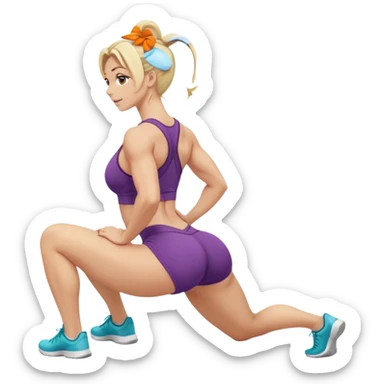 fullbody busty blonde fitness trainer, back view, bending over, sitting on her soles, SFW, athletic build, cheerful expression sticker