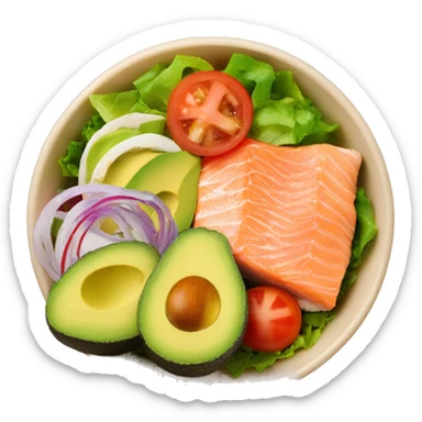 Delicious lunch bowl with salad, salmon, avocado and tomato sticker