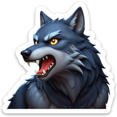 cinematic-noble-fierce-werewolf-howling-portrait-emoji, poised-and-imposing, with a fierce wolfish face tilted upwards in a haunting howl, glowing eyes full of primal ferocity, sharp, and a rugged snout, fur rippling in shades of midnight black and silver, muscles tensed as the powerful howl echoes beneath the moonlit sky; rendered with realism, capturing the raw, untamed power of the beast in its wild, primal state sticker