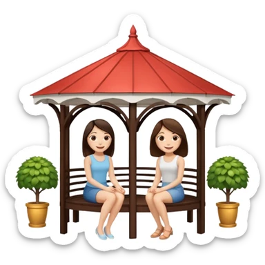 Two small brunette women sitting inside a large white gazebo sticker