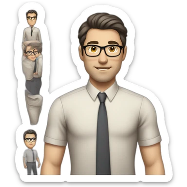 Full height Pale skinned Fit Man With dark brown hair in classic gray suit, beige office shirt, dark gray tie, and vintage glasses. His hands lock sticker