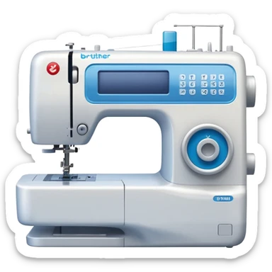 Modern Brother-style computerized sewing machine emoji, white and light gray with a blue thread spool, small LCD screen and round dial, three-quarter view, soft gradients and shadows in Apple emoji style, plain light background. sticker