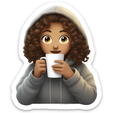 Curly brown haired girl drinking coffee in a hoodie infront of window snow outside sticker