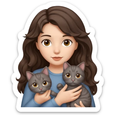 Brunette girl with wavy hair and brown eyes holding a grey cat sticker