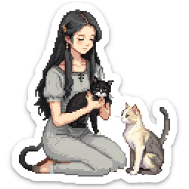 Beautiful girl with long black hair petting a gray and blonde mixed cat sticker