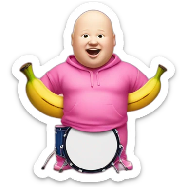 Matt Lucas in a pink onesie with a banana sticking out his ear playing the drums sticker